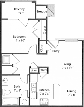 Floor plan for 1 bed, 1 bath, 583 sqft
